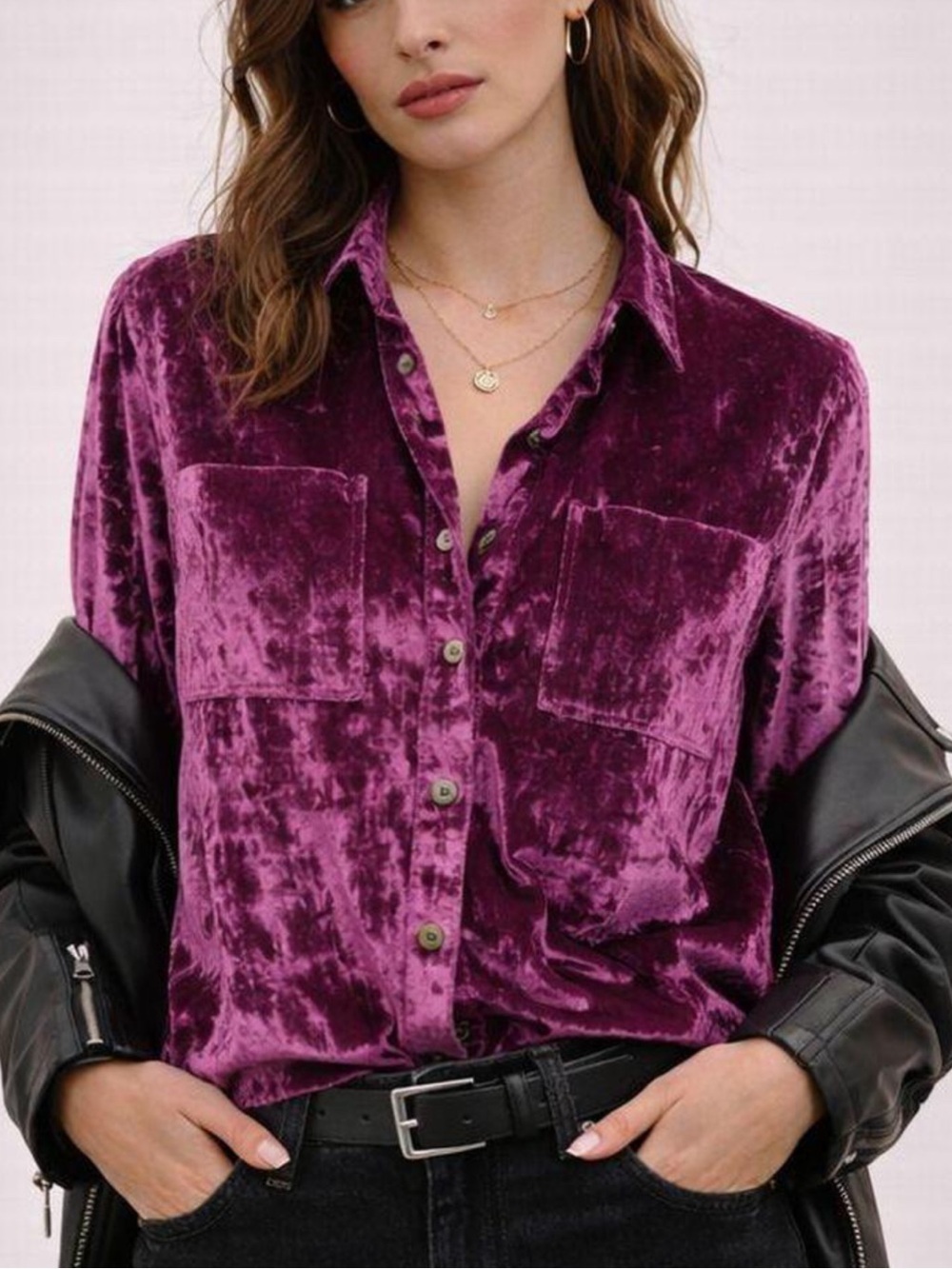 Pilcro Relaxed Velvet Buttondown Shirt Purple Size XL